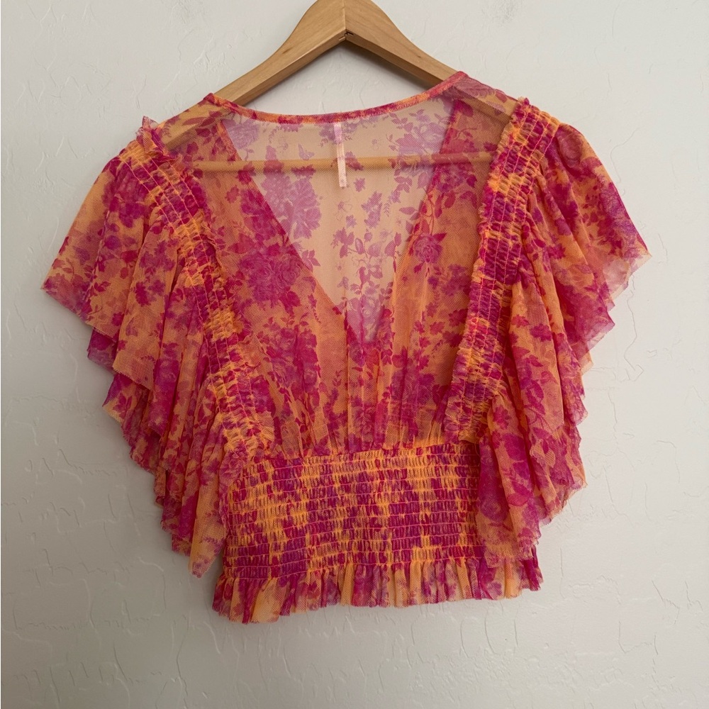 Free People Sugar Top in Hot Tropics Women’s Medium Crop Mesh Blouse - Picture 6 of 7